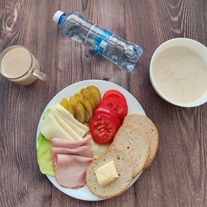 Dieta podstawowa Kawa zbożowa z mlekiem Owsianka z jabłkami Chleb mieszany pszenno-żytni Masło extra Szynka tostowa Ser żółty Pomidor Woda źródlana Sałata zielona